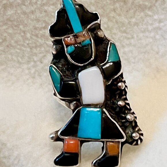 Native American Sterling Turquoise Coral Onyx Zuni Dancing Rainbow Ring Sz 6 - Picture 2 of 5
